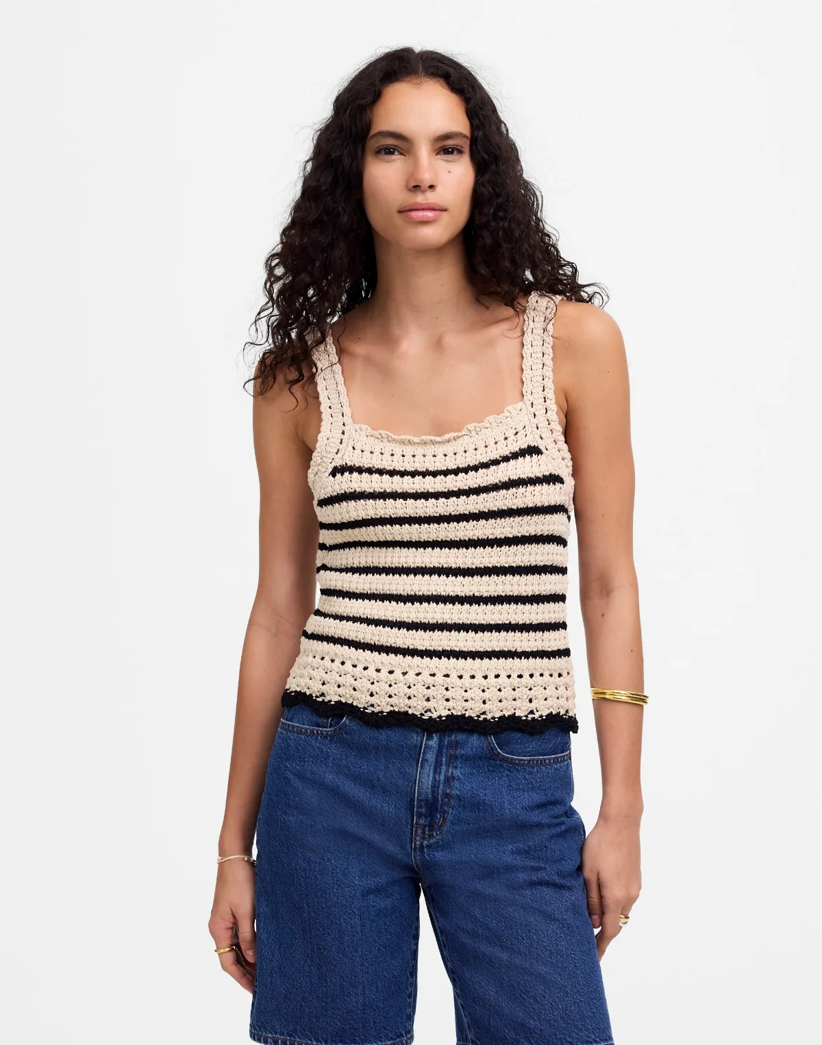Square-Neck Crochet-Stitch Tank in Stripe