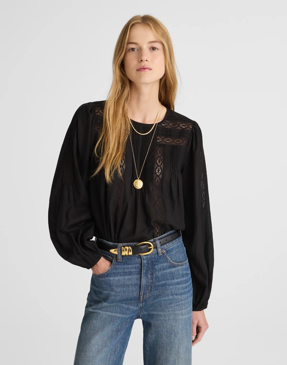 Lace-Insert Pintucked Long-Sleeve Top