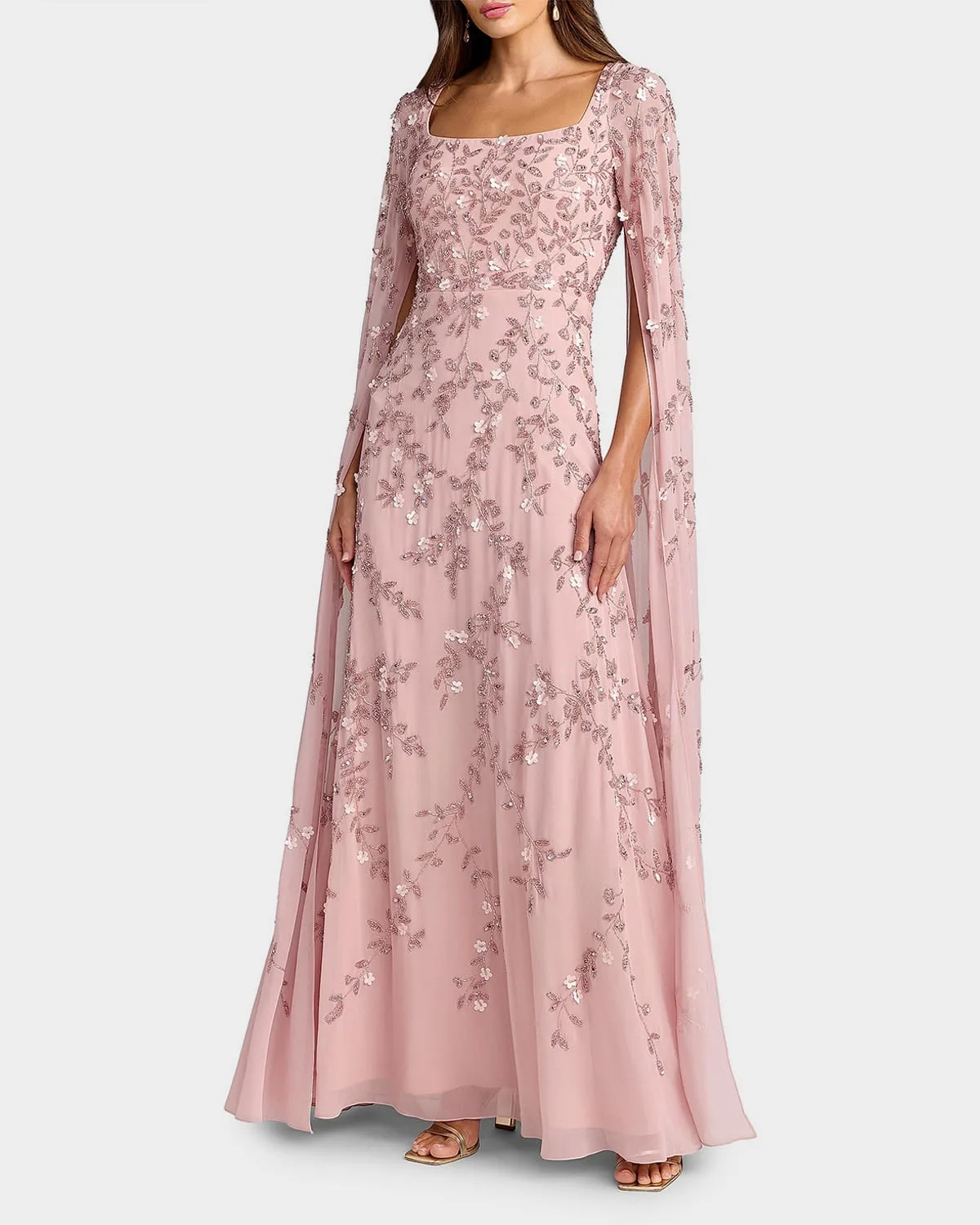 Embellished Georgette Cape-Sleeve Gown