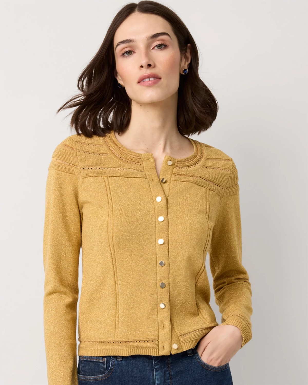 Metallic Pointelle Knit Cardigan Sweater