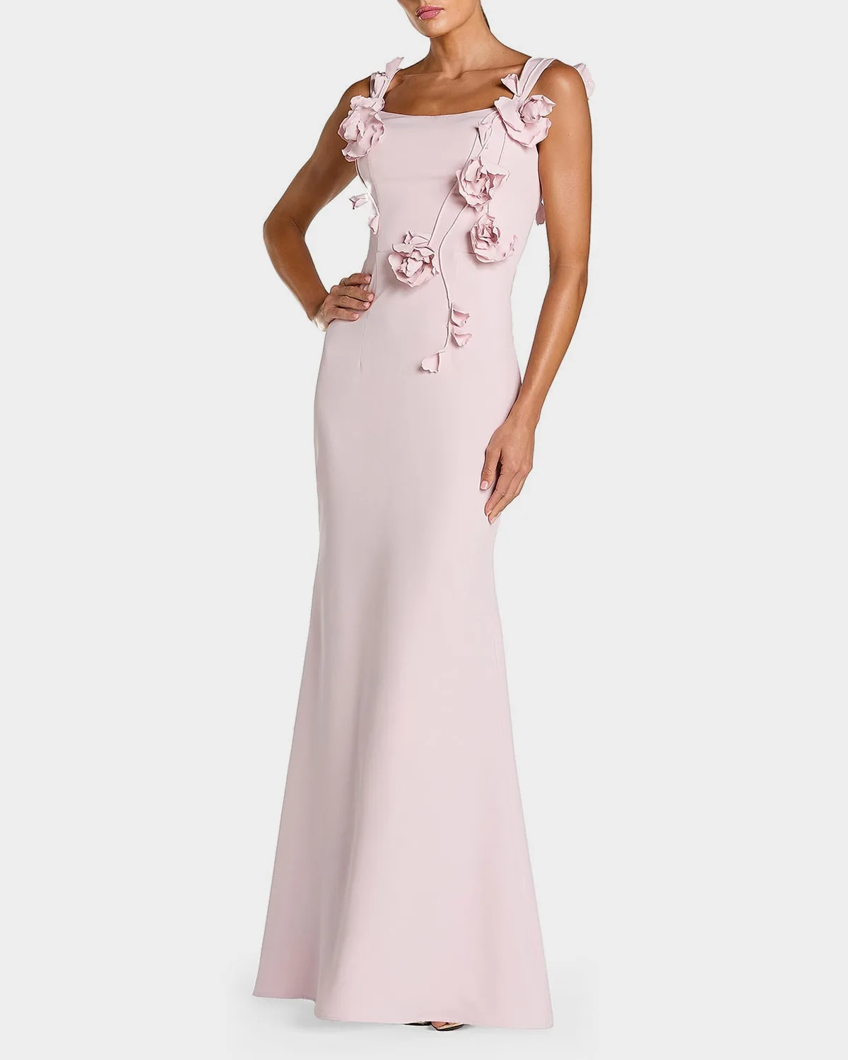 Floral-Appliqué Square-Neck Column Gown