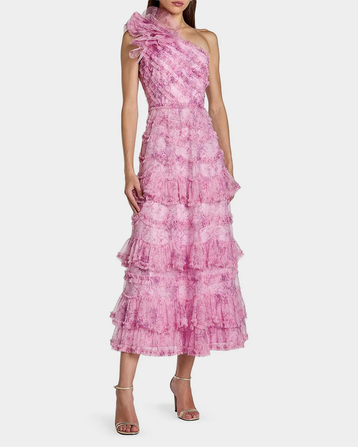 Baroque Mesh Ruffled One-Shoulder Midi-Dress