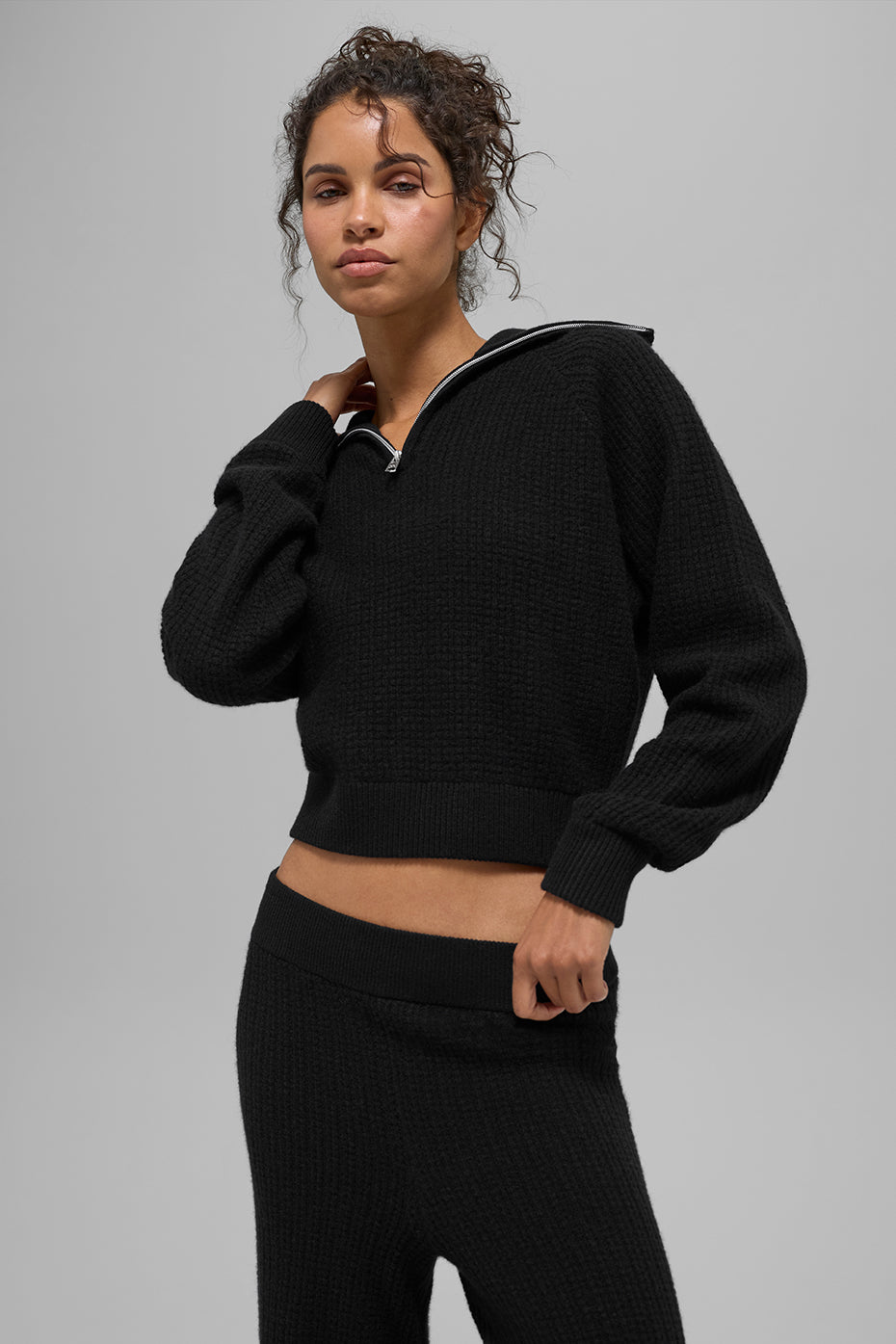 Cashmere Plush Waffle 1/4 Zip Pullover Top by ALO