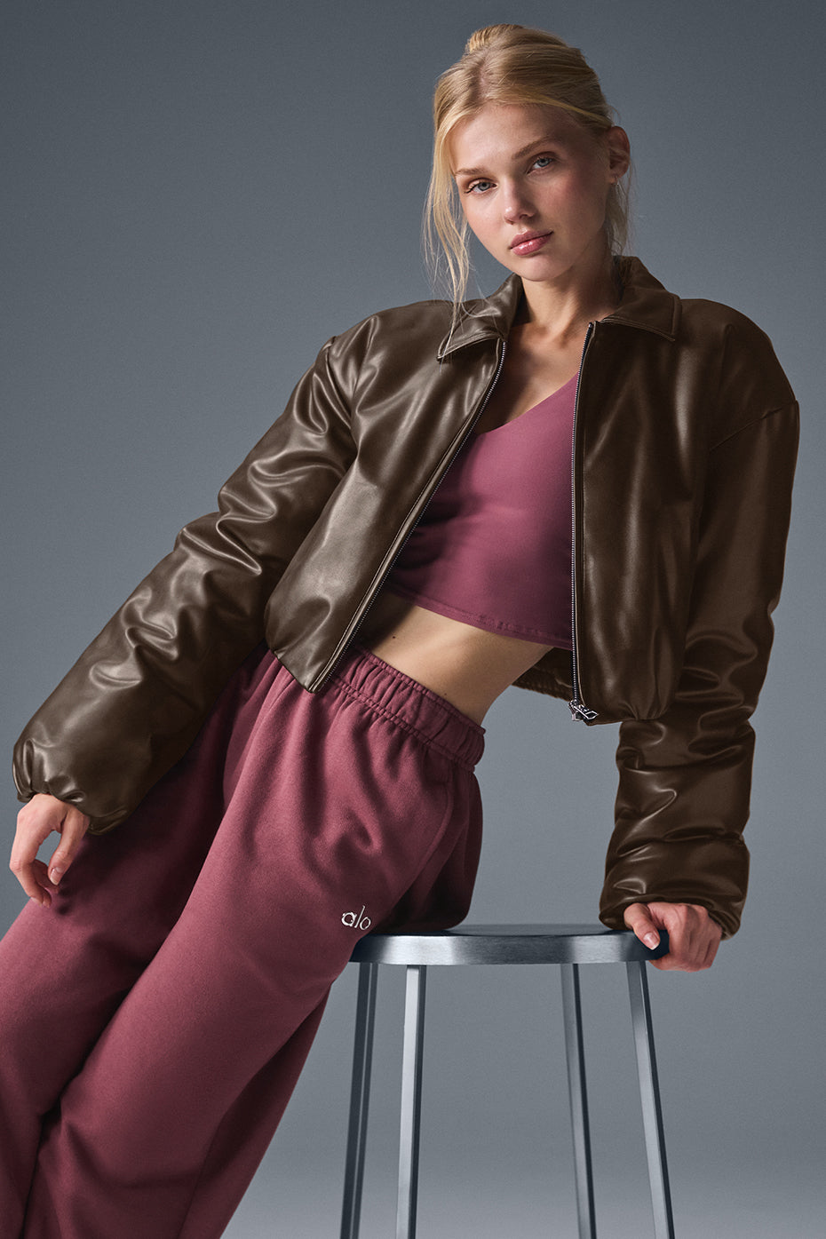 Faux Leather Cropped Premier Bomber Jacket by ALO