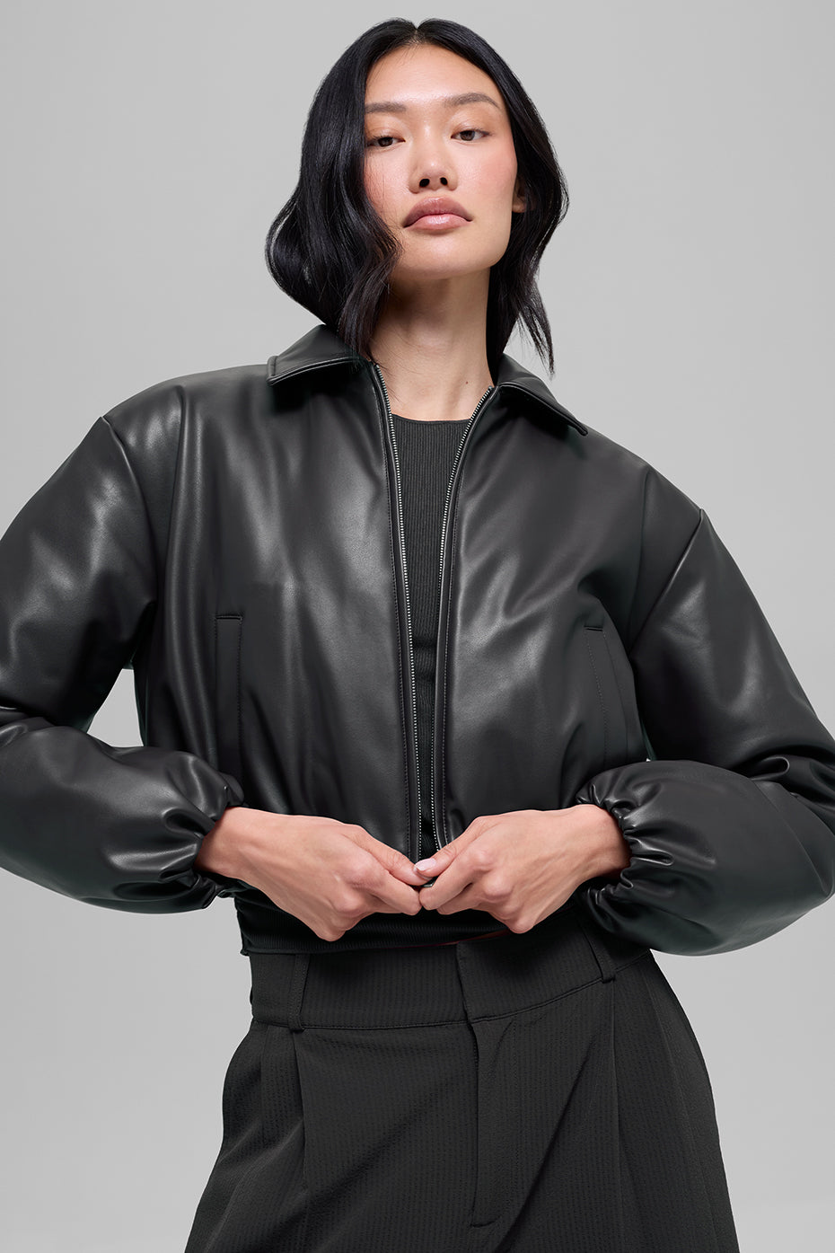 Faux Leather Cropped Premier Bomber Jacket