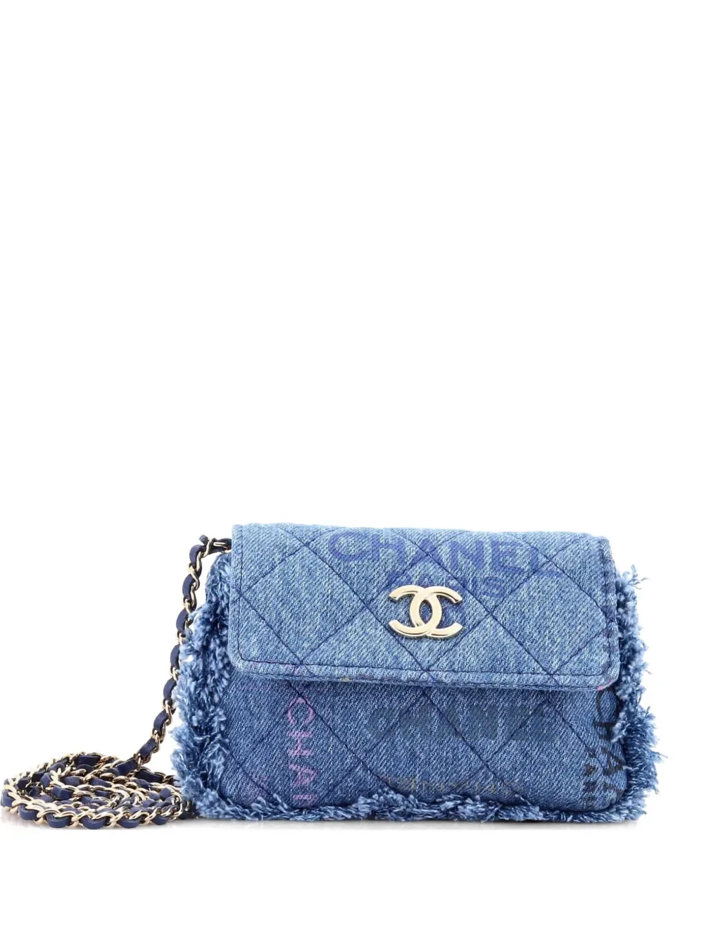 Denim Mood Flap Clutch with Chain Logo Printed Quilted Fringe Denim crossbody bag -