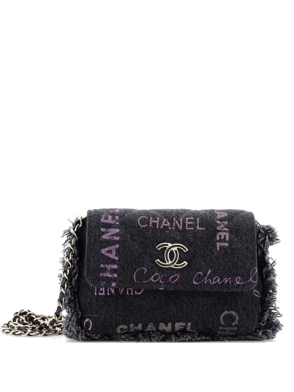 Denim Mood Flap Clutch with Chain Logo Printed Quilted Fringe Denim crossbody bag -