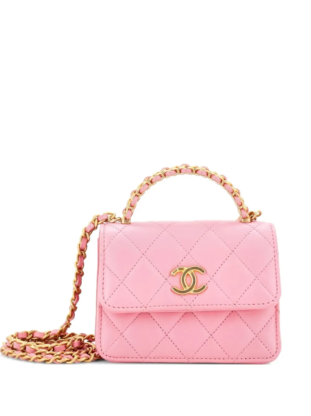 Woven Top Handle CC Flap Clutch on Chain Quilted Lambskin Small satchel - by CHANEL Pre-Owned