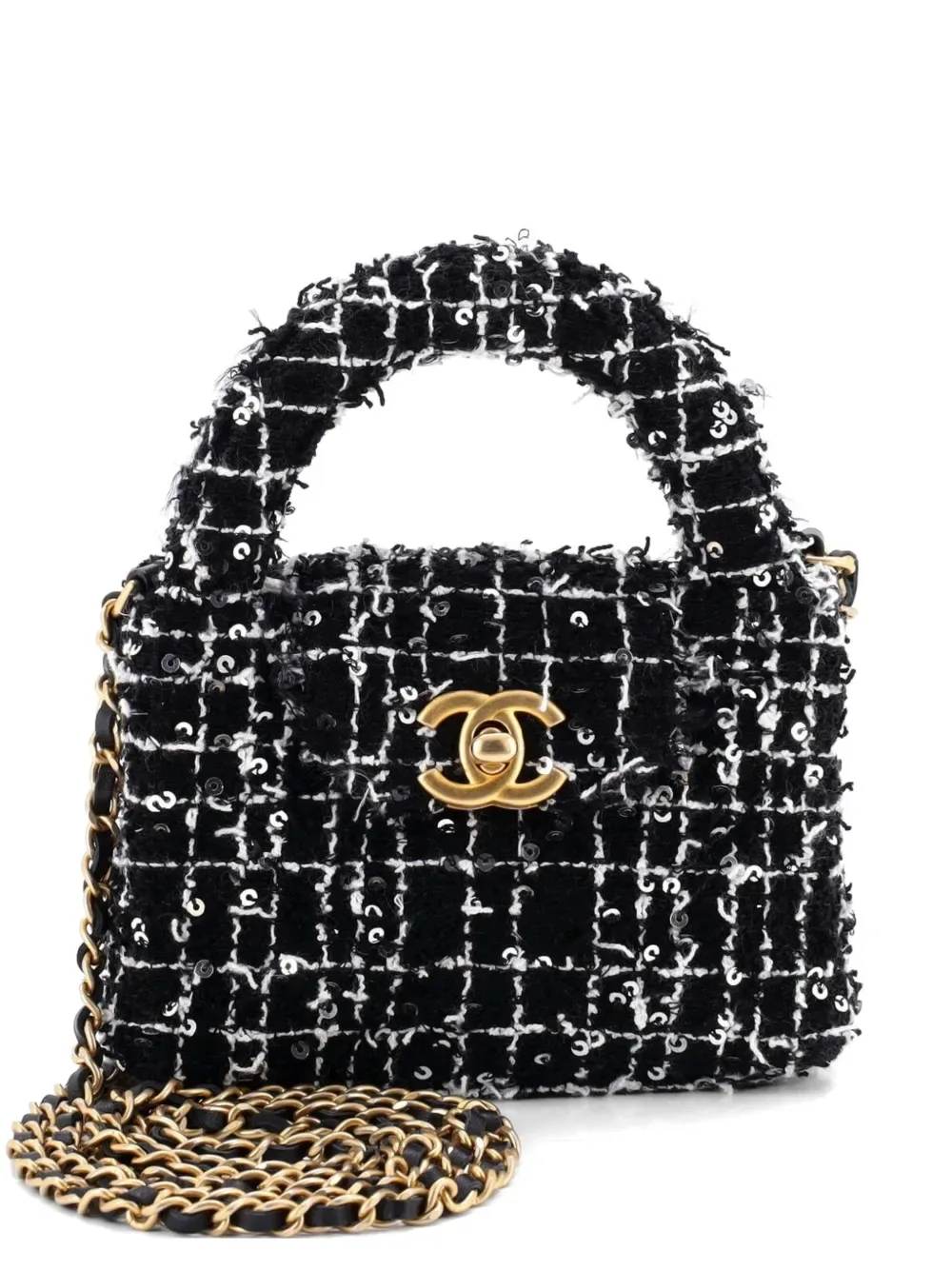 Kelly Top Handle Shopping Bag Quilted Tweed with Sequins Nano satchel -