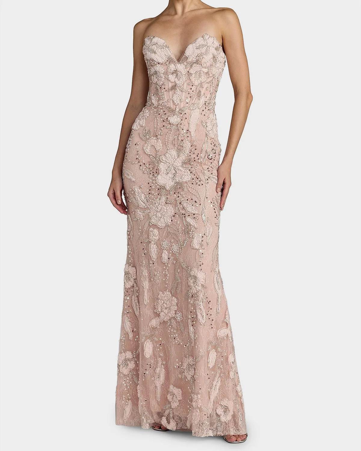 Floral Embellished Mesh Strapless Column Gown