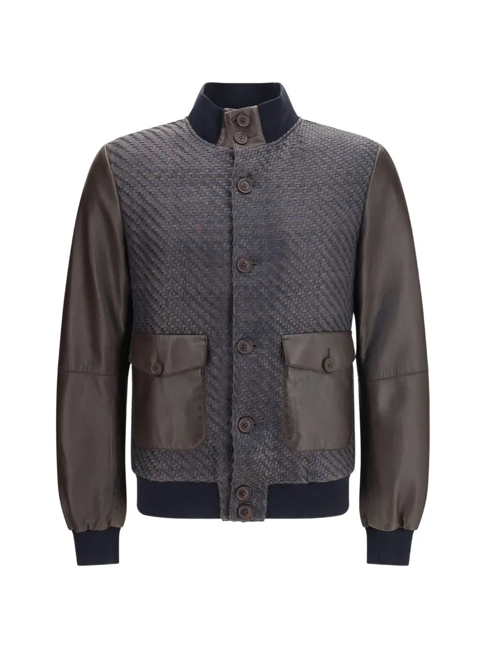 woven pocket leather bomber jacket -