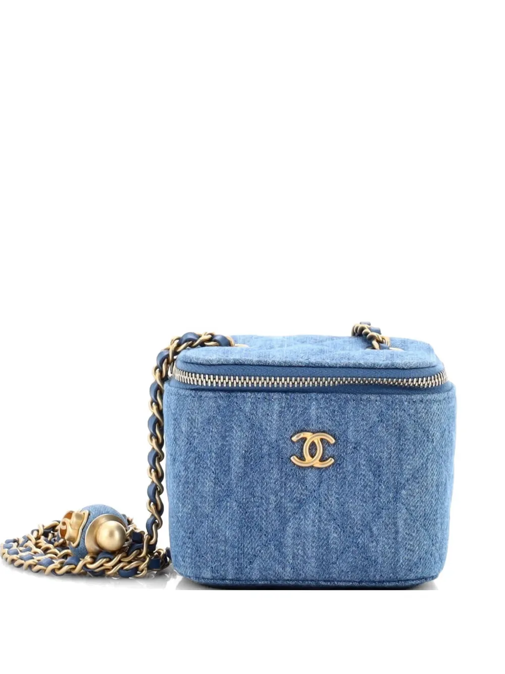 Pearl Crush Vanity Case with Chain Quilted Denim Mini clutch bag -