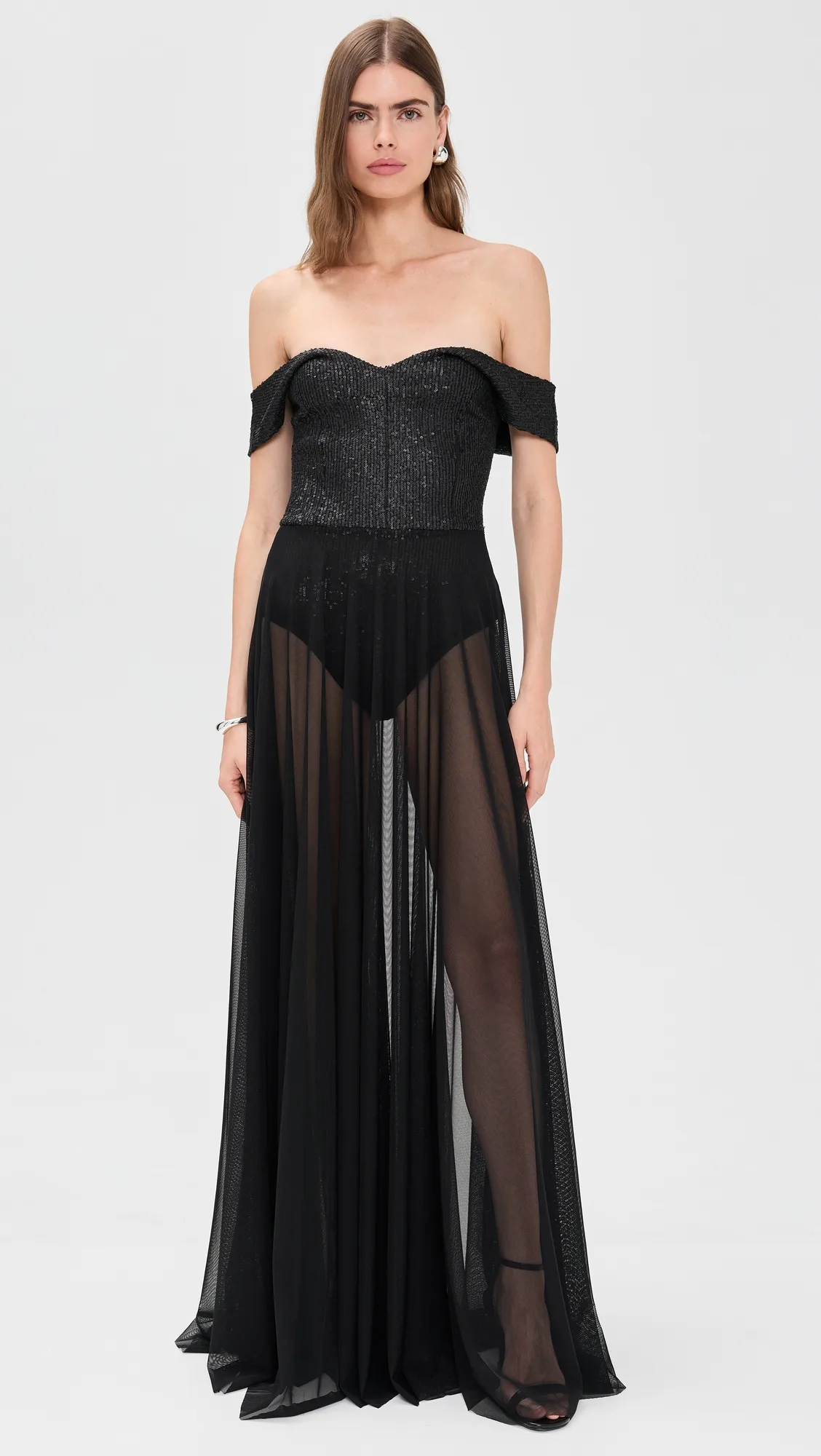 Double Drop Shoulder Combo Flared Gown