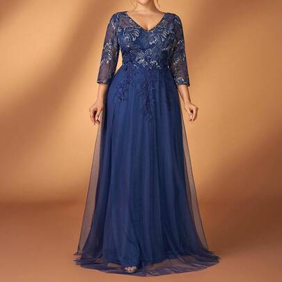 Plus Size Elegant Luxurious Romantic Navy Blue Sequin Embroidered Mesh Splice Deep V-Neck 3/4 Sleeve Peplum Dress, Suitable For Evening Party, Gala, V by Serin