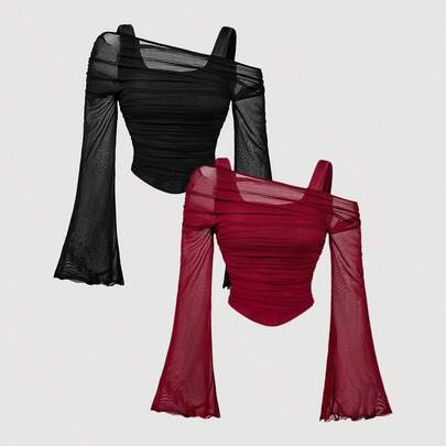 2pcs Women's Ruffle Flare Sleeve Asymmetrical Shoulder Fashion T-Shirts, Red And Black,Halloween,Back To School,Y2k,Red Top by SHEIN