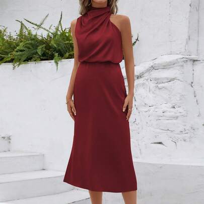 Bestselling European & American Fashion Women's Satin Sleeveless Midi Wine Red Dress, Elegant Versatile Design Evening Gown Party Summer by SHEIN