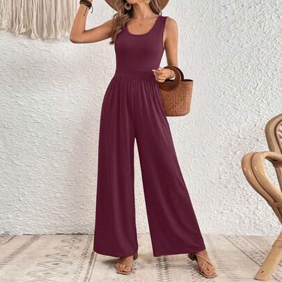 Women's Summer Sleeveless Vest Romper High Waist Low Cut Casual Round Neck Wide Leg Trousers Romper