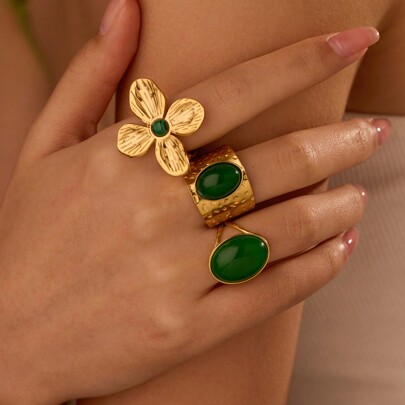 3pcs Stainless Steel Green Flower Gem Ring Set