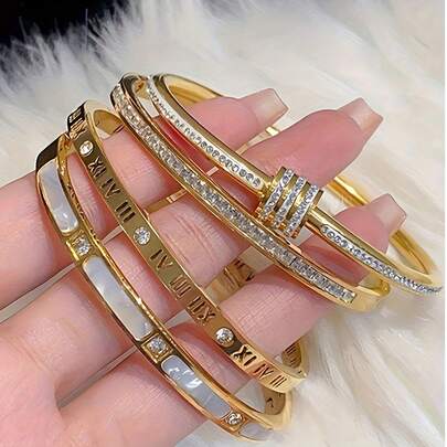4pcs Stainless Steel Bracelets Set Elegant Golden-Tone Bangles with Roman Numerals