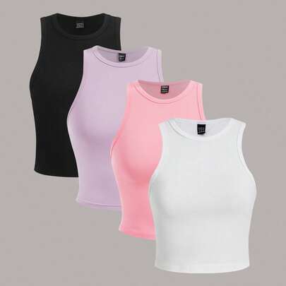 4pcs/Set Crew Neck Solid Color Fitted Camisole Tops