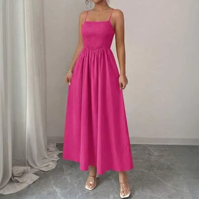 Pleated Long Dress Summer Beach Sundress Casual Holiday Straps Swing A-Line Long Flowing Dress