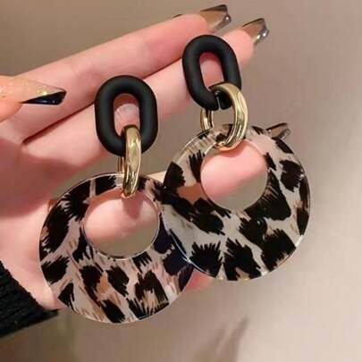 Leopard Print Geometric Hoop Earrings, Exaggerated Elegant Stud Earring, Personal Statement Accessory