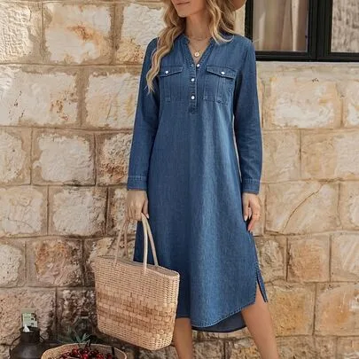 Solid Color Asymmetrical Hem Denim Dress with Notched Collar