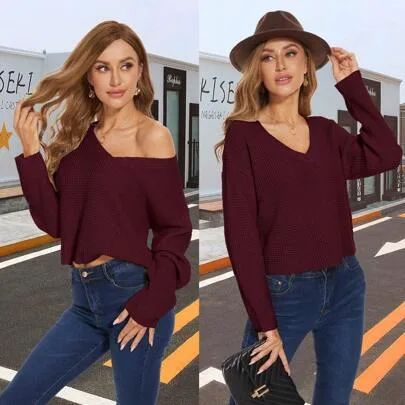 V Neck Waffle Knit Cropped Top Long Sleeve Pullover Crop Sweater by CICILEEDA