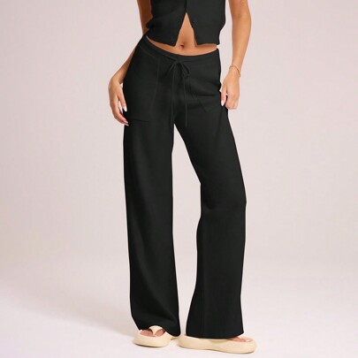 Knitted Large Pocket Detail Tie Waist Wide Leg Trousers