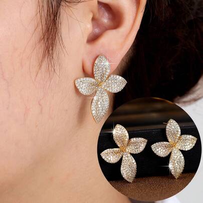 Four-Leaf Flower Petal Cubic Zirconia Earrings