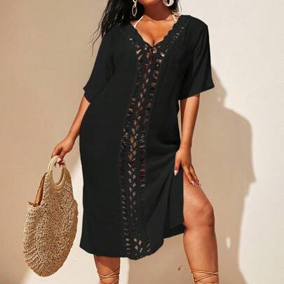 V-Neck Hollow Shell Trim Short Sleeve Cover-Up for Summer Beach Vacation