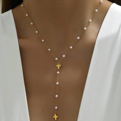 Minimalist Fashion Y-Shaped Pearl Cross Pendant Necklace