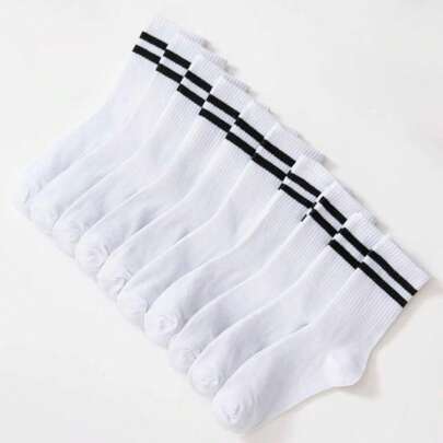 10 Pairs Striped Pattern Casual Crew Socks
