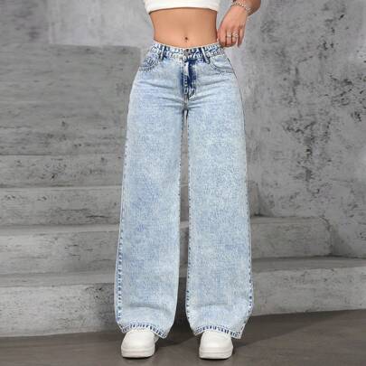 Loose Fit Pocketed Wide Leg Casual Jeans