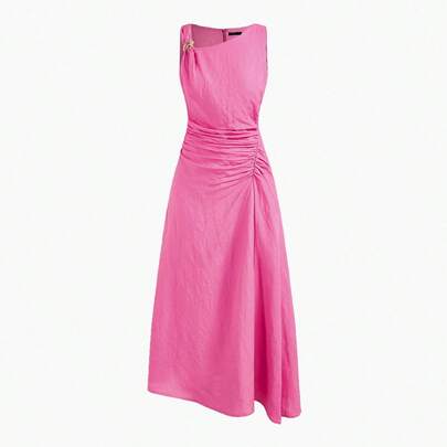 Ruched Asymmetrical Neck Midi Dress