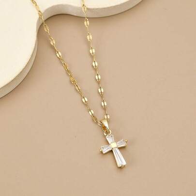 Full Cubic Zirconia Stainless Steel Cross Necklace