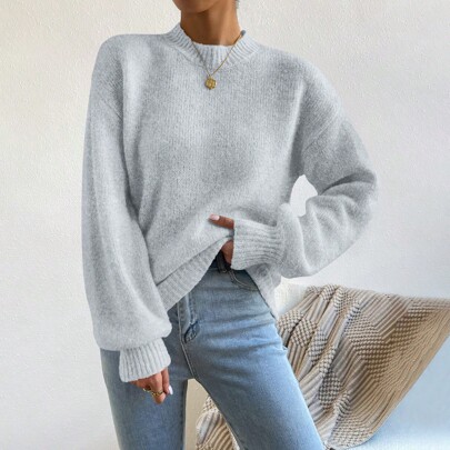 Solid Color Stand Collar Drop Shoulder Long Sleeve Sweater