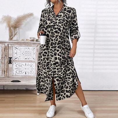 Front Button Long Sleeve Leopard Print Casual Maxi Dress