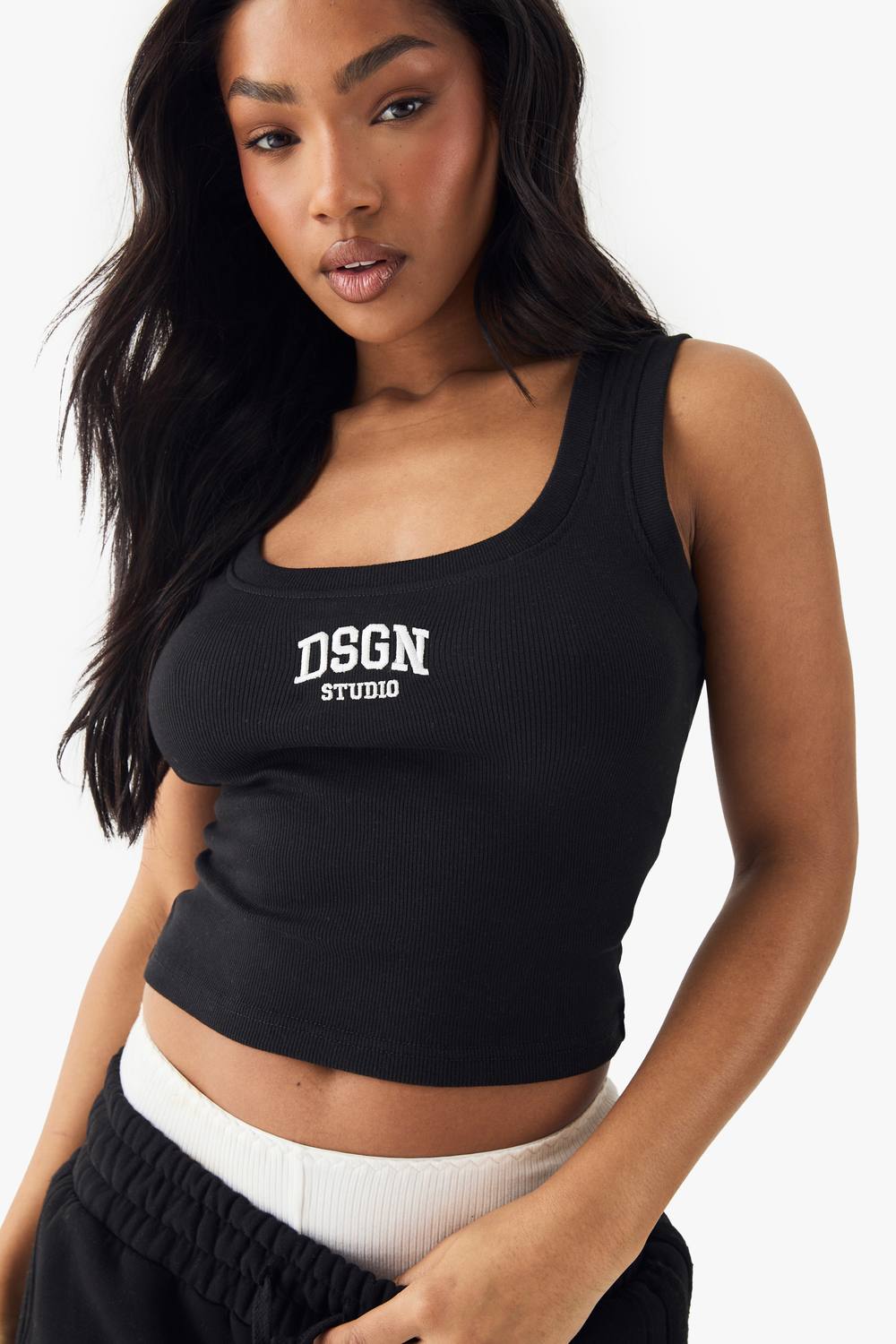 Women's Collegiate Embroidered Rib Tank Vest Top in Black | Size: by DSGN Studio