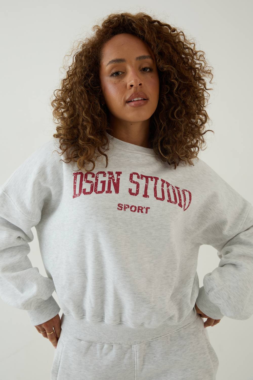 Collegiate Printed Balloon Sleeve Crew Neck Sweatshirt - Denim/Cotton/Polyurethane by DSGN Studio