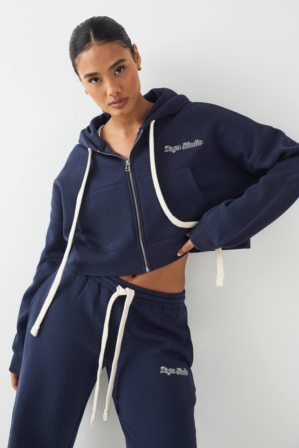 Contrast Drawcord Boxy Crop Hoodie - Cotton