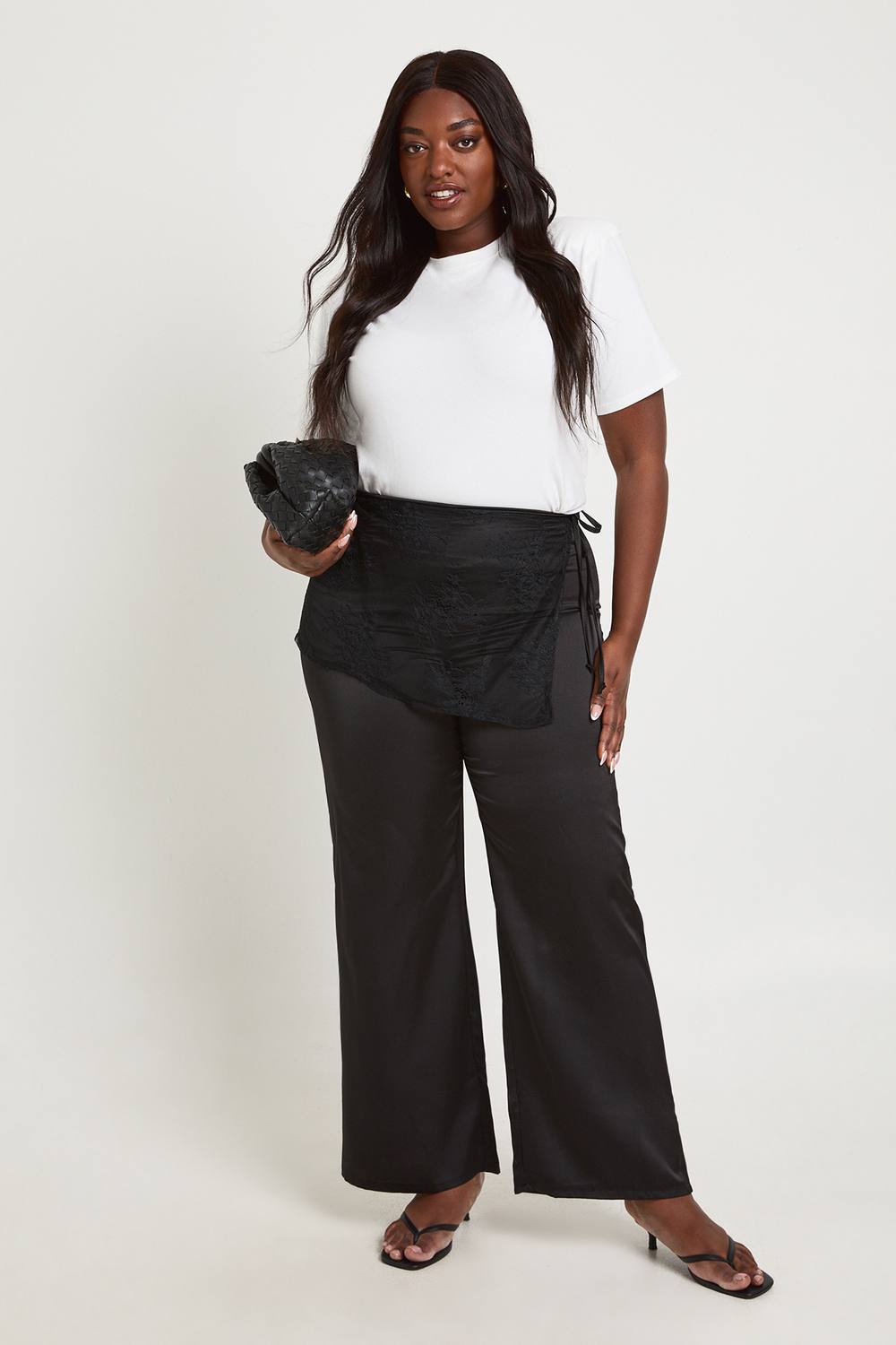 Lace Skirt Overlay Wide Leg Satin Trousers