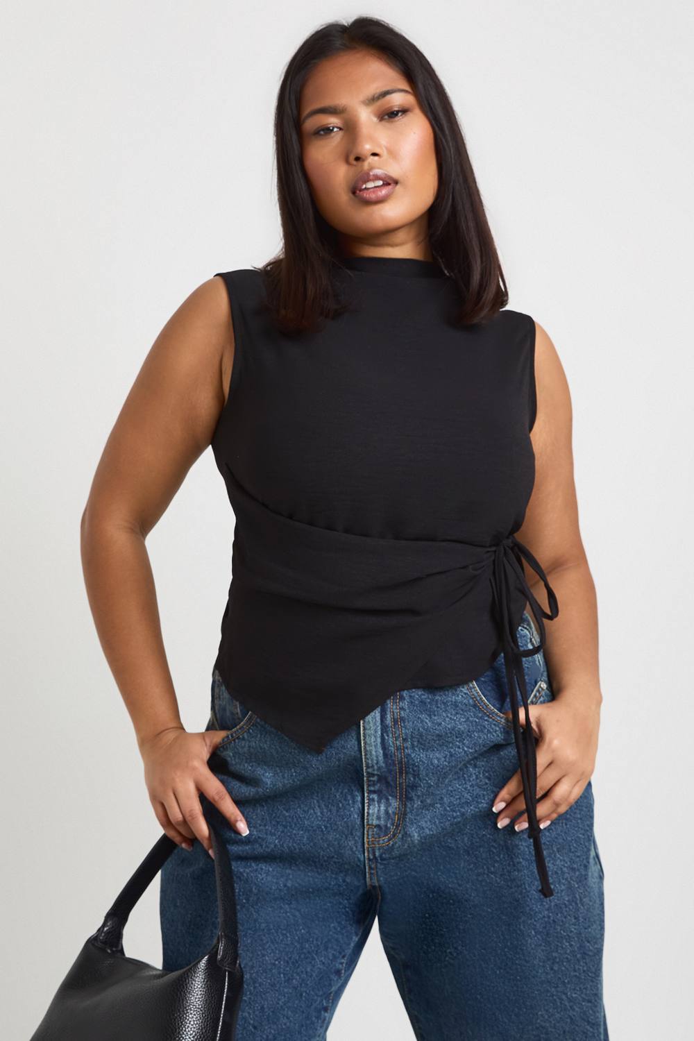 Cowl Tie Front Asymmetric Top - Woven