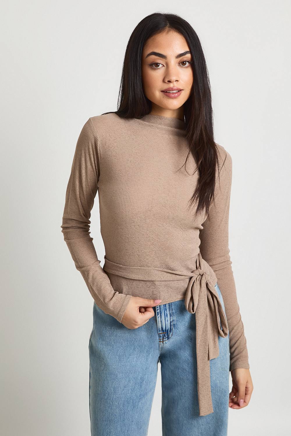 Ribbed Sheer Long Sleeve Top with Tie