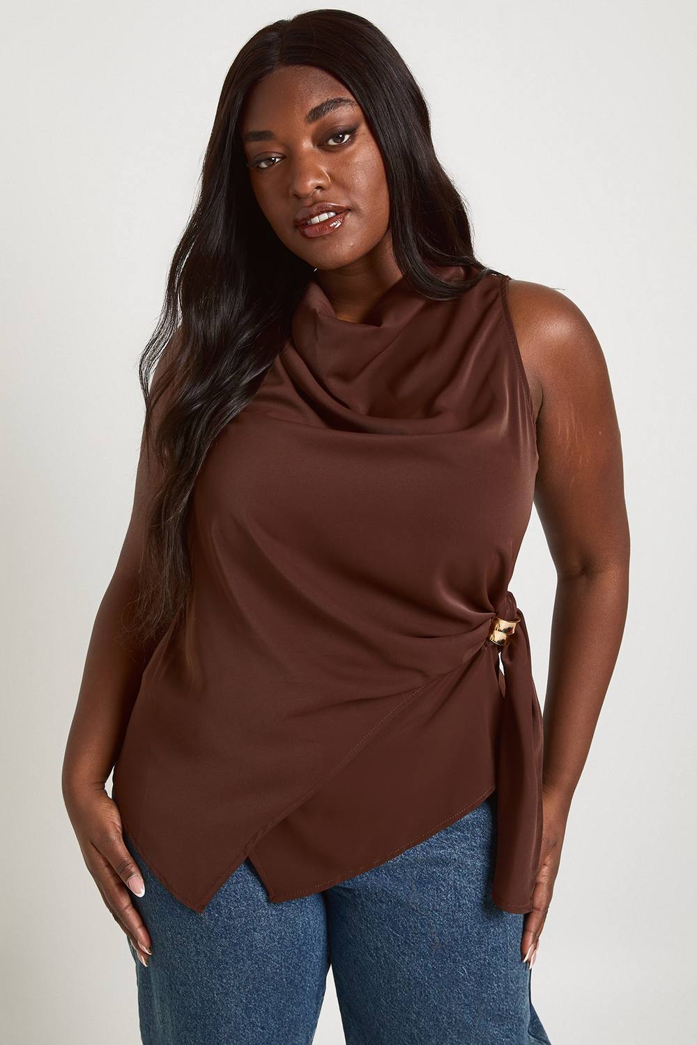 Trim Detail Drape Top - Denim/Satin by boohoo