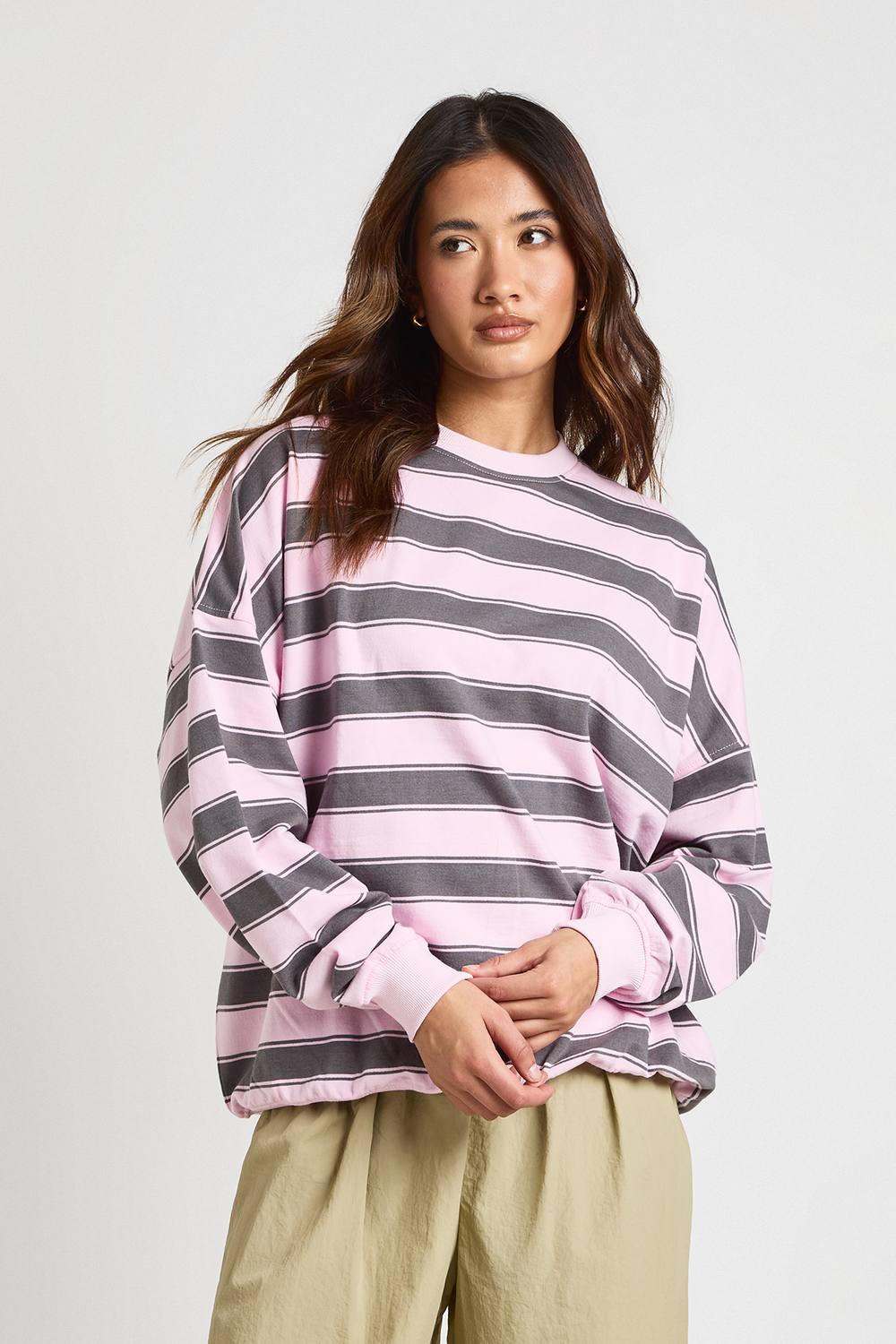 Striped Oversized Crew Neck Sweatshirt