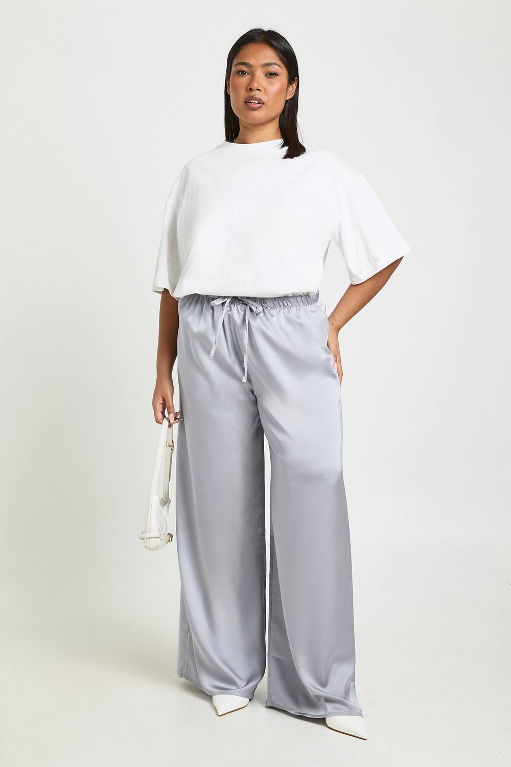 Satin Drawstring Waist Wide Leg Trouser