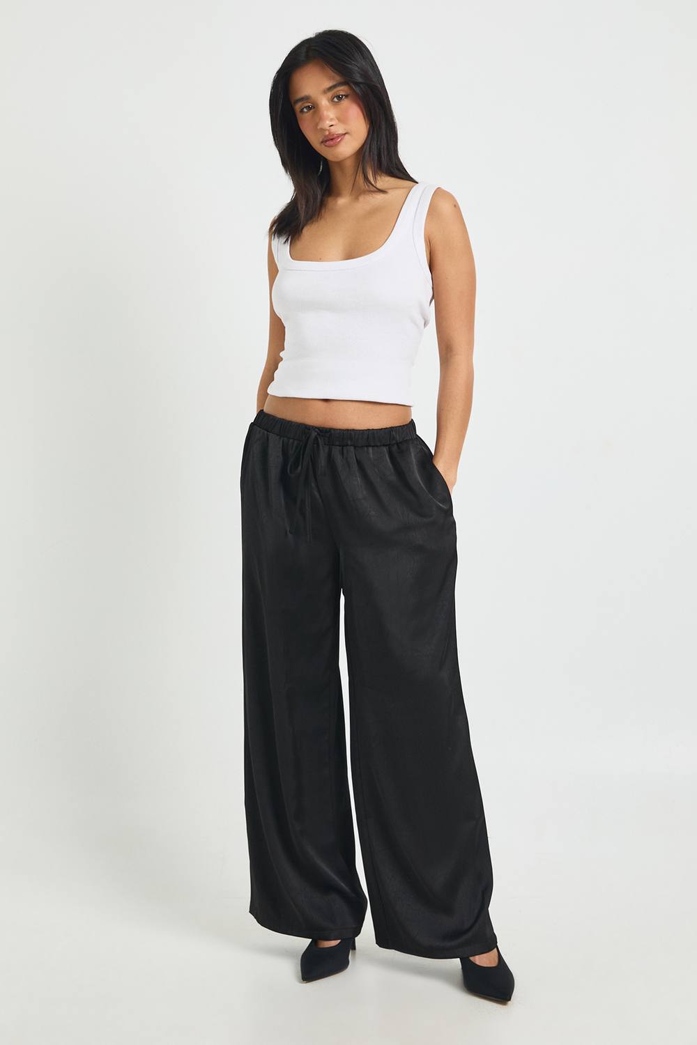 Satin Elasticated Waist Wide Leg Trouser