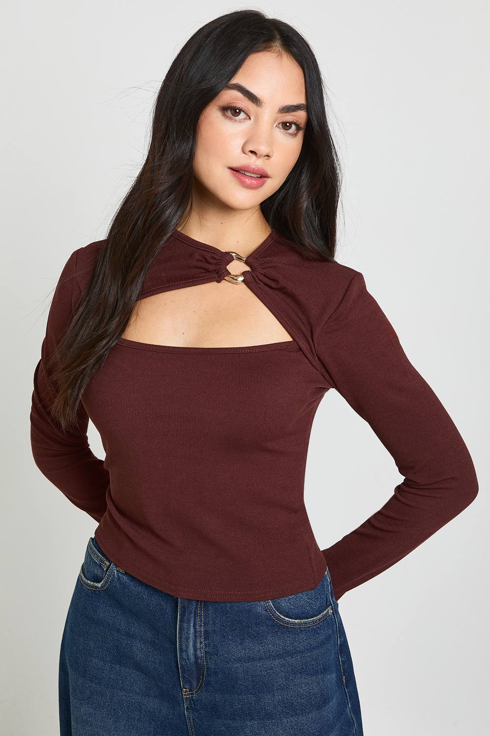 Rib Gold Trim Detail Cut Out Long Sleeve
