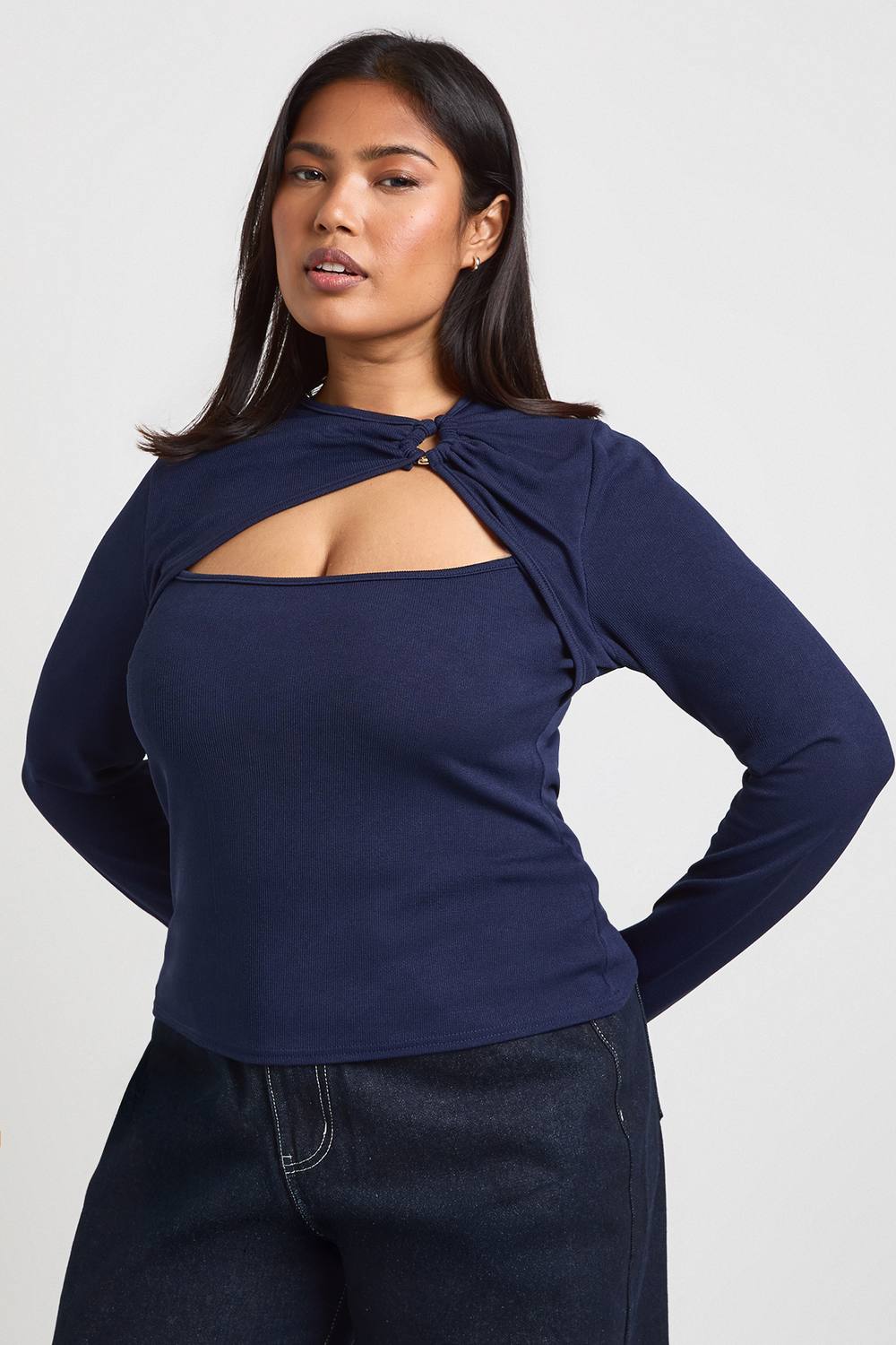 Rib Gold Trim Detail Cut Out Long Sleeve